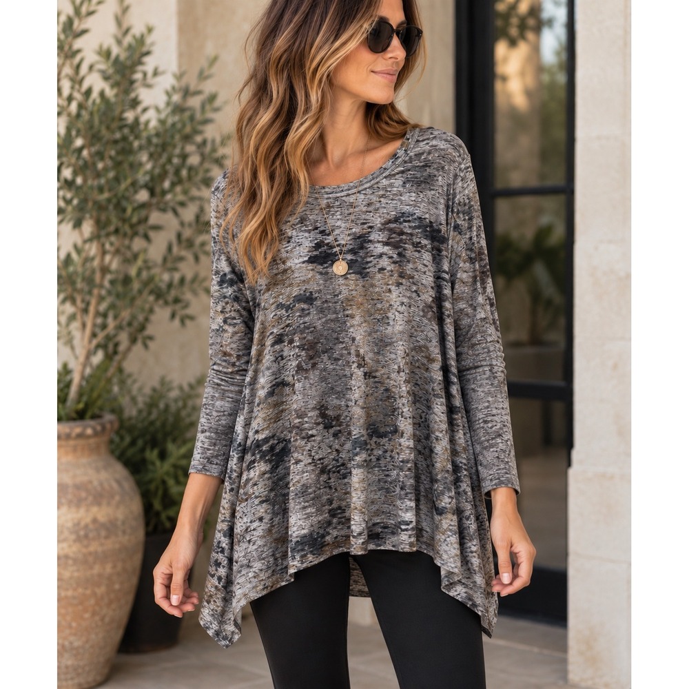Nally & Millie Tunic Top Abstract Burnout Print Grey Casual Size L/XL